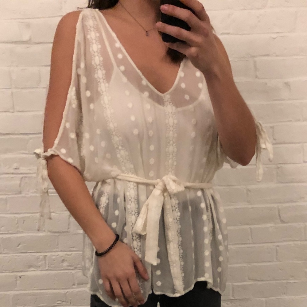 ZOA Embroided sheer tie waist top medium